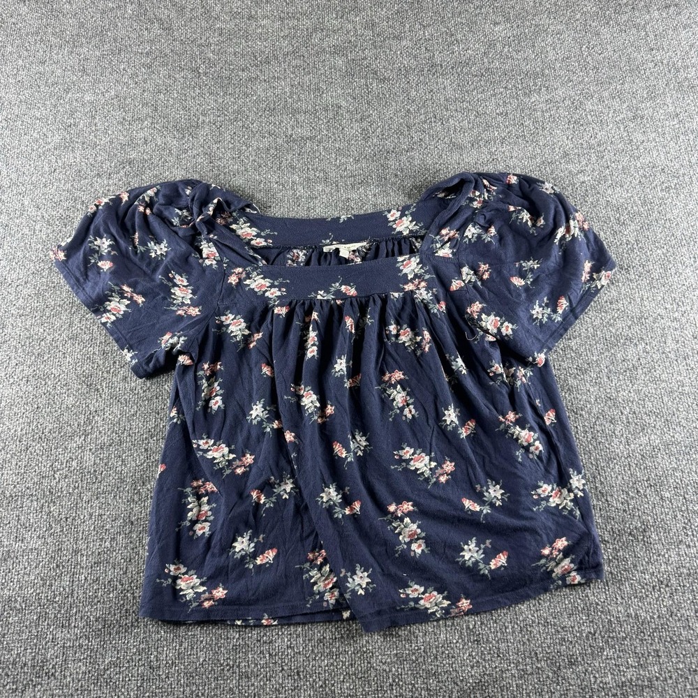 Lucky Brand Shirt Womens XL Blue Floral Square Neck Puff Sleeve Jersey Tee
